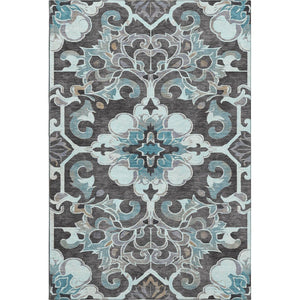 HomeRoots 9' X 12' Washable Teal Charcoal Gray Floral Medallion Area Rug with UV Protection & Durability 709089