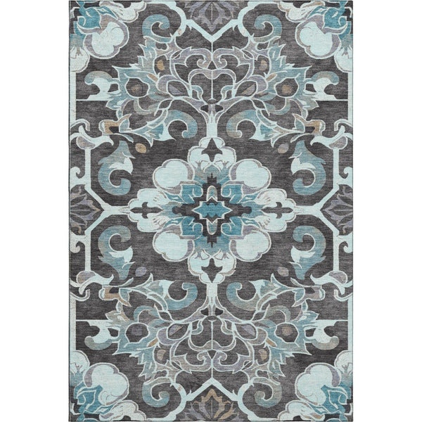 HomeRoots 9' X 12' Washable Teal Charcoal Gray Floral Medallion Area Rug with UV Protection & Durability 709089