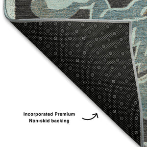 HomeRoots 9' X 12' Washable Teal Charcoal Gray Floral Medallion Area Rug with UV Protection & Durability 709089