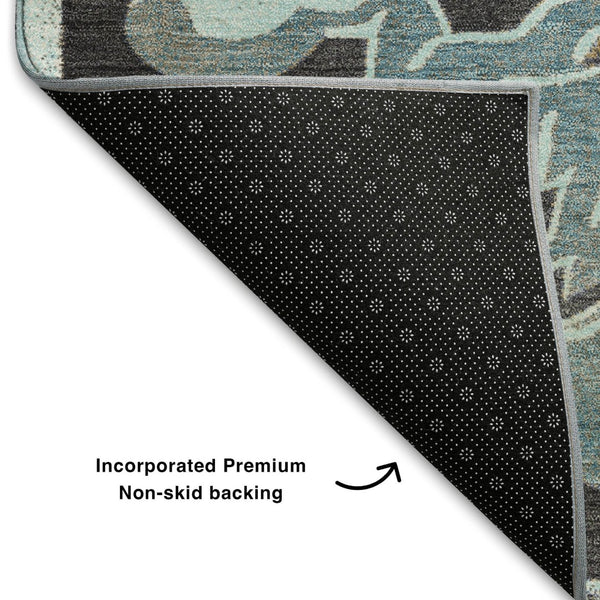 HomeRoots 9' X 12' Washable Teal Charcoal Gray Floral Medallion Area Rug with UV Protection & Durability 709089