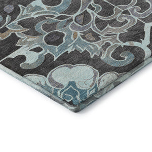 HomeRoots 9' X 12' Washable Teal Charcoal Gray Floral Medallion Area Rug with UV Protection & Durability 709089
