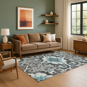 HomeRoots 9' X 12' Washable Teal Charcoal Gray Floral Medallion Area Rug with UV Protection & Durability 709089