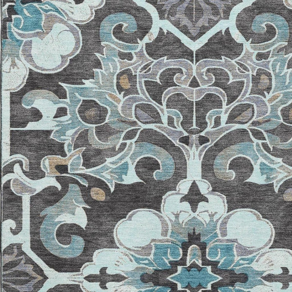 HomeRoots 9' X 12' Washable Teal Charcoal Gray Floral Medallion Area Rug with UV Protection & Durability 709089