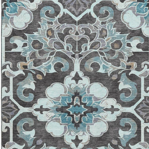 HomeRoots 9' X 12' Washable Teal Charcoal Gray Floral Medallion Area Rug with UV Protection & Durability 709089
