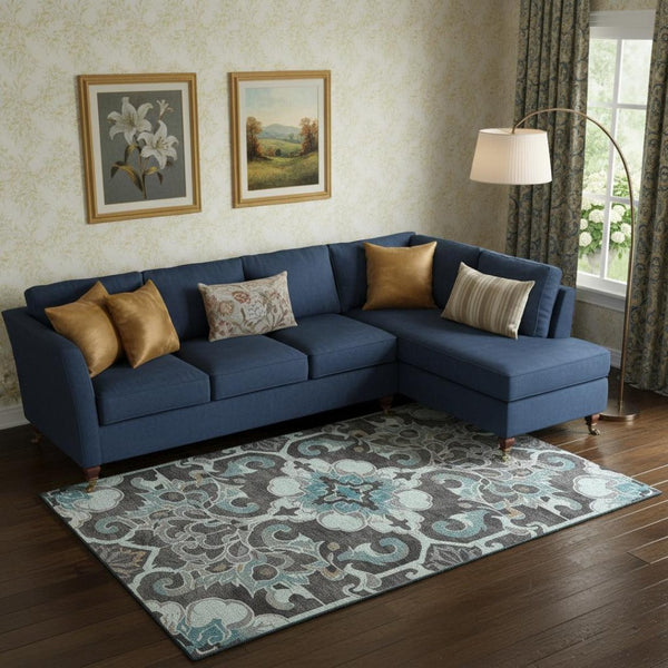 HomeRoots 10' X 14' Teal Charcoal Floral Medallion Area Rug – Washable, UV-Protected, Non-Slip, Durable Design 709090