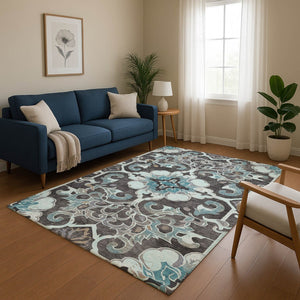 HomeRoots 10' X 14' Teal Charcoal Floral Medallion Area Rug – Washable, UV-Protected, Non-Slip, Durable Design 709090