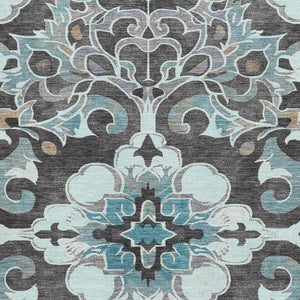 HomeRoots 10' X 14' Teal Charcoal Floral Medallion Area Rug – Washable, UV-Protected, Non-Slip, Durable Design 709090