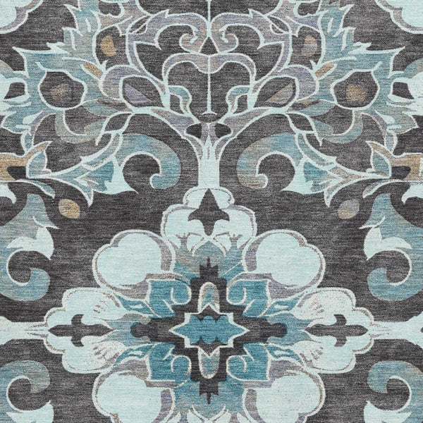HomeRoots 10' X 14' Teal Charcoal Floral Medallion Area Rug – Washable, UV-Protected, Non-Slip, Durable Design 709090