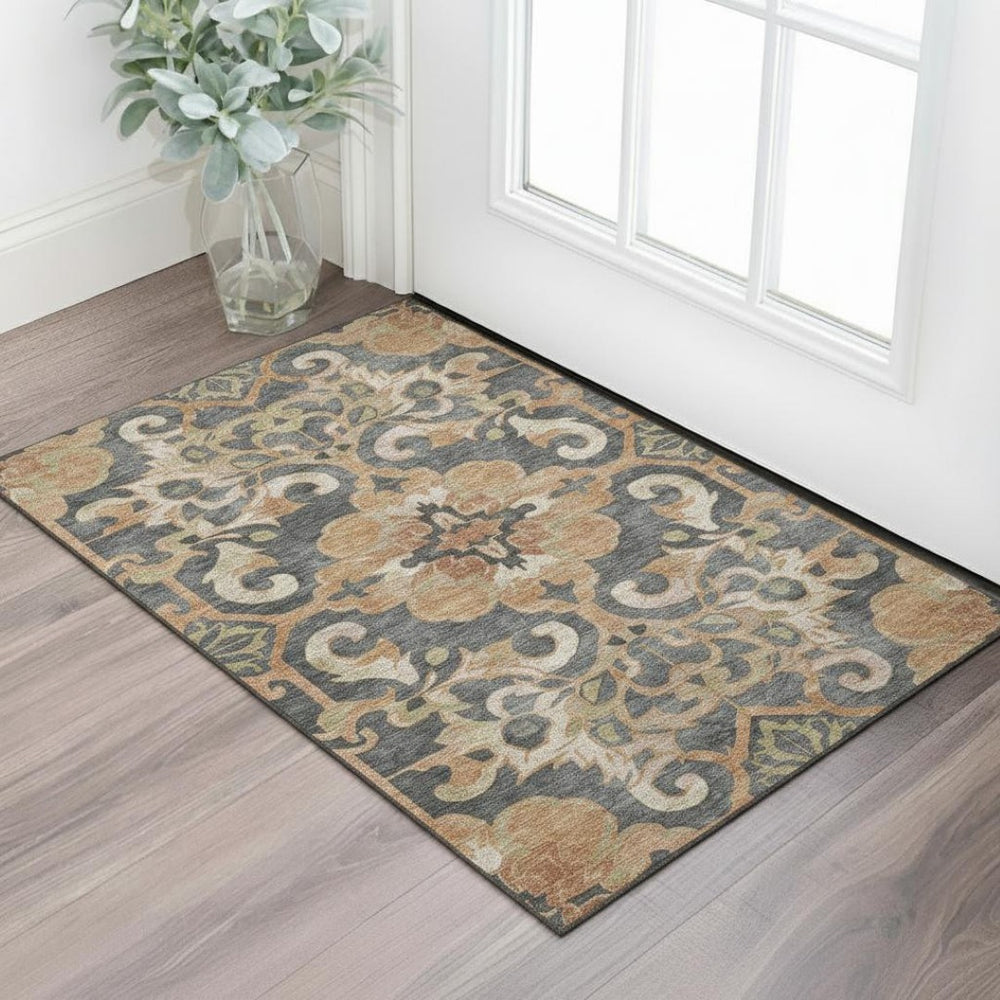 HomeRoots 5' X 8' Terra Cotta Charcoal Beige Floral Medallion Area Rug - Washable, UV Protected & Stain-Resistant 709092