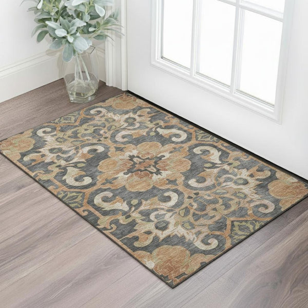 HomeRoots 5' X 8' Terra Cotta Charcoal Beige Floral Medallion Area Rug - Washable, UV Protected & Stain-Resistant 709092