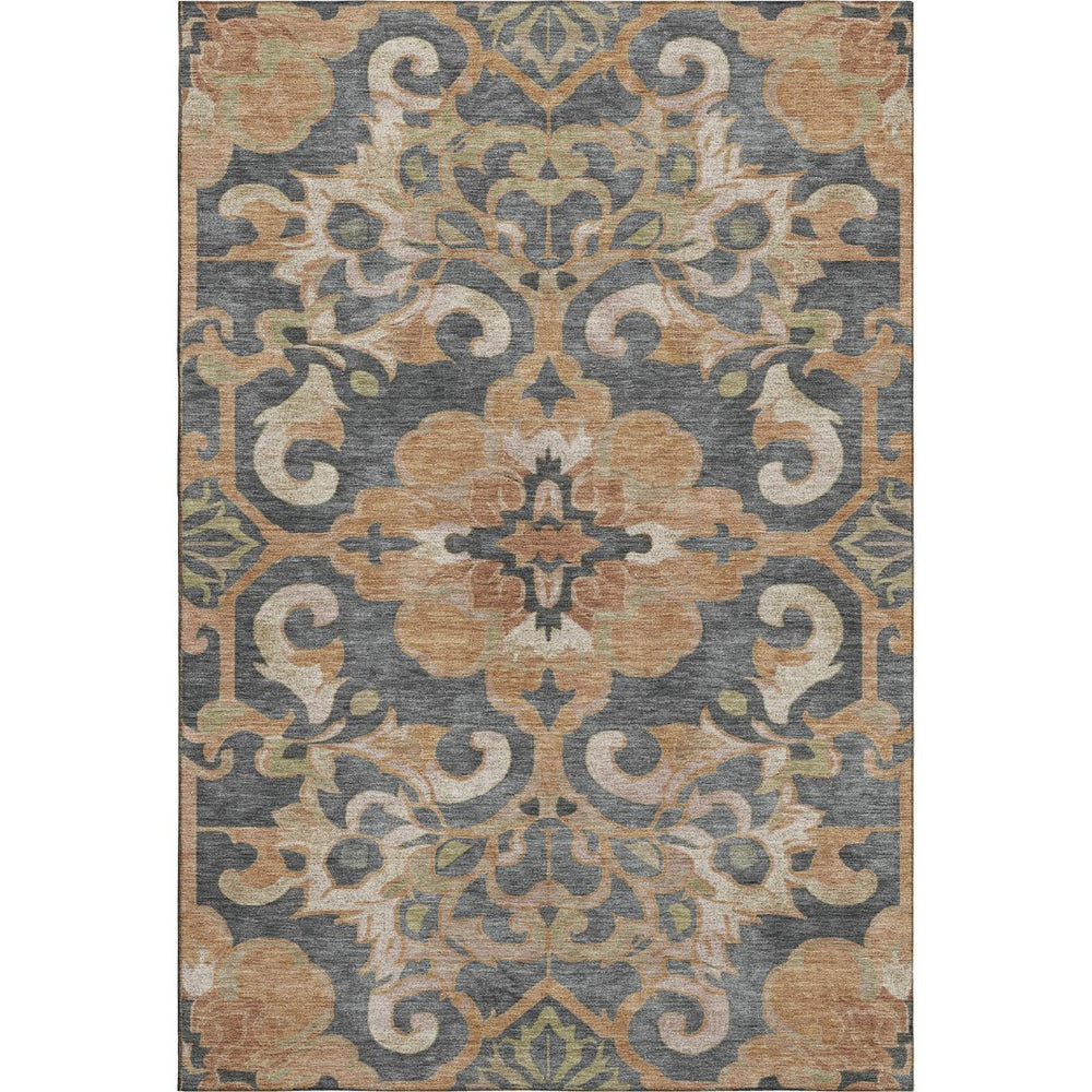 HomeRoots 5' X 8' Terra Cotta Charcoal Beige Floral Medallion Area Rug - Washable, UV Protected & Stain-Resistant 709092