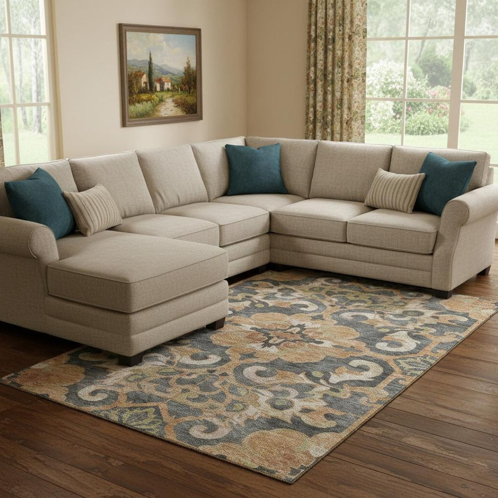 HomeRoots 9' X 12' Washable Area Rug - Terra Cotta Floral Medallion with UV Protection & Non-Slip Backing 709095