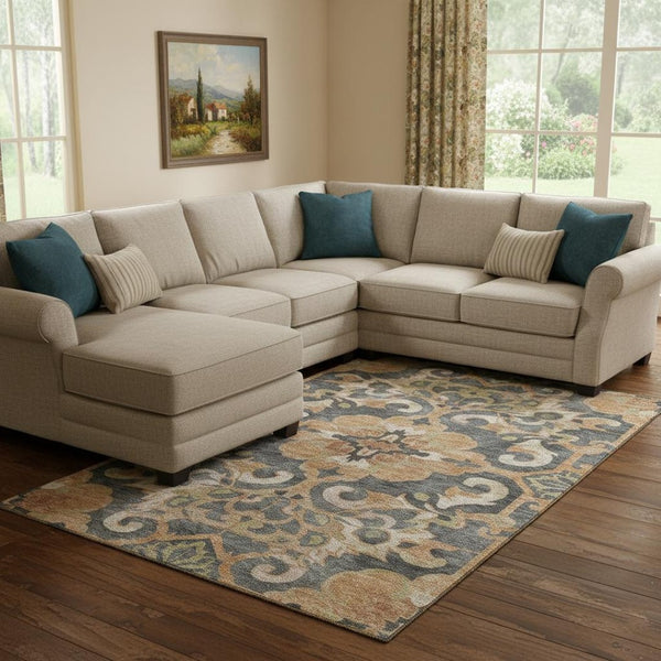HomeRoots 9' X 12' Washable Area Rug - Terra Cotta Floral Medallion with UV Protection & Non-Slip Backing 709095