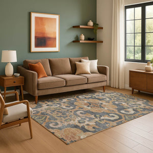 HomeRoots 9' X 12' Washable Area Rug - Terra Cotta Floral Medallion with UV Protection & Non-Slip Backing 709095