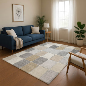 HomeRoots 5' X 8' Beige Gray Silver Geometric Area Rug - Washable, UV-Protected, Stylish & Durable for Homes 709098