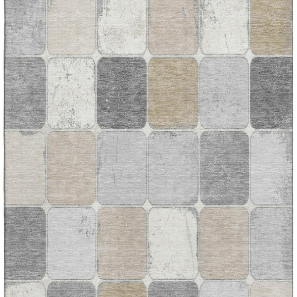 HomeRoots 5' X 8' Beige Gray Silver Geometric Area Rug - Washable, UV-Protected, Stylish & Durable for Homes 709098
