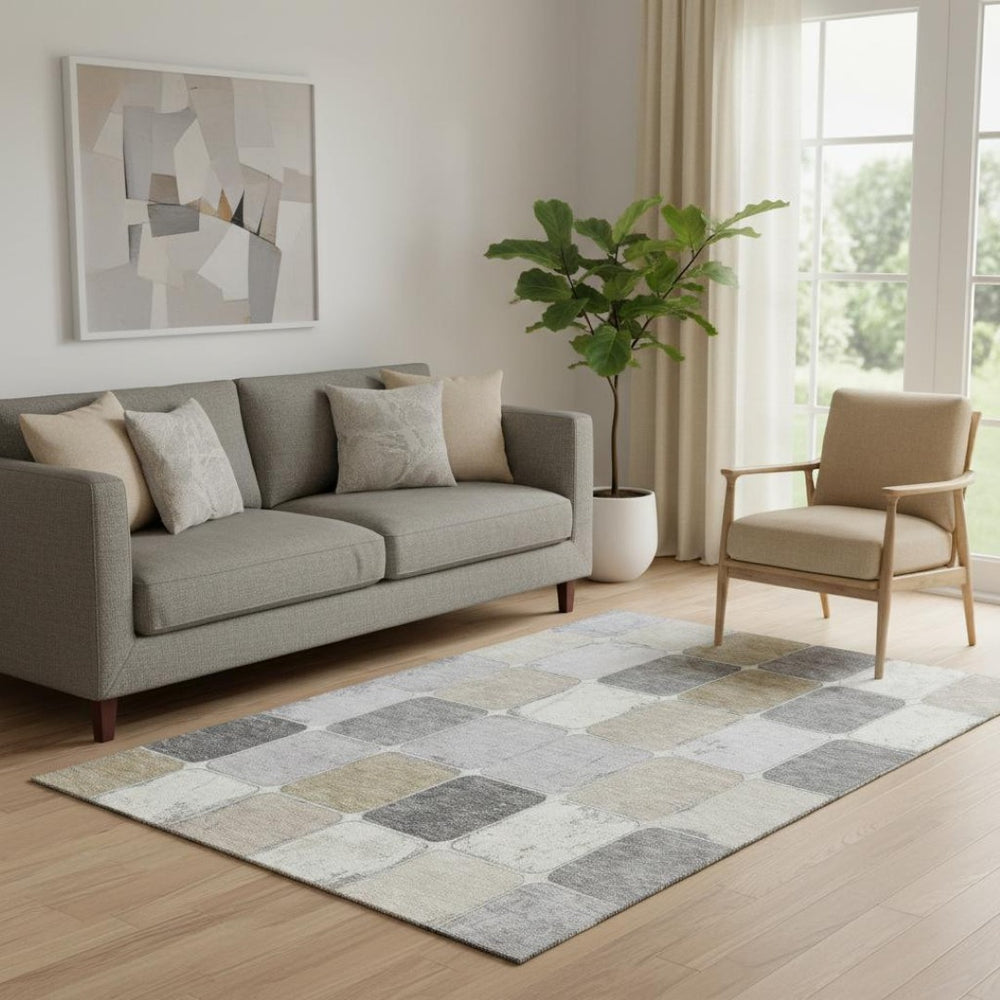 HomeRoots 8' Modern Beige Gray Silver Geometric Washable Round Rug with UV Protection for High-Traffic Spaces 709099