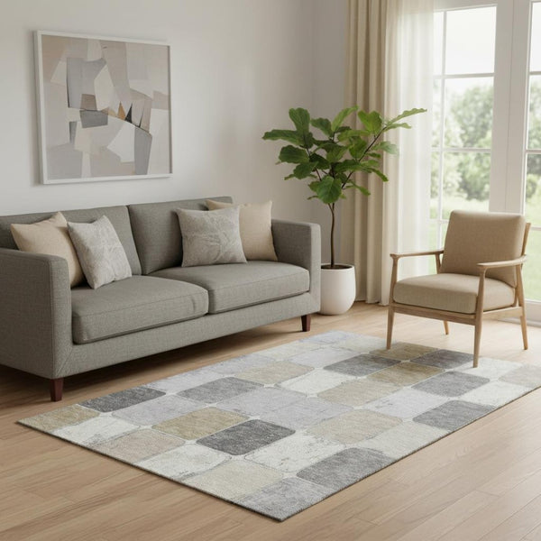 HomeRoots 8' Modern Beige Gray Silver Geometric Washable Round Rug with UV Protection for High-Traffic Spaces 709099