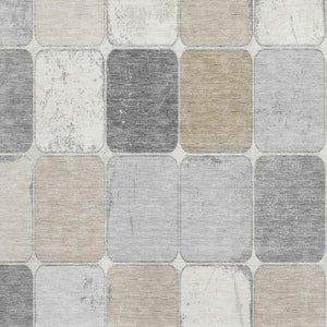 HomeRoots 8' Modern Beige Gray Silver Geometric Washable Round Rug with UV Protection for High-Traffic Spaces 709099
