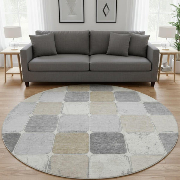 HomeRoots 8' X 10' Washable Beige, Gray, and Silver Geometric Area Rug with UV Protection for Modern Homes 709100