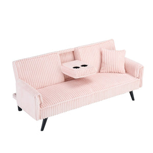 English Elm Minimalist Corduroy Reclining Sofa with Convertible Flat Sleeper and Cup Holder Pink W3356P421779