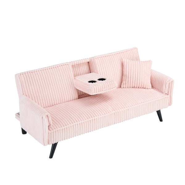 English Elm Minimalist Corduroy Reclining Sofa with Convertible Flat Sleeper and Cup Holder Pink W3356P421779