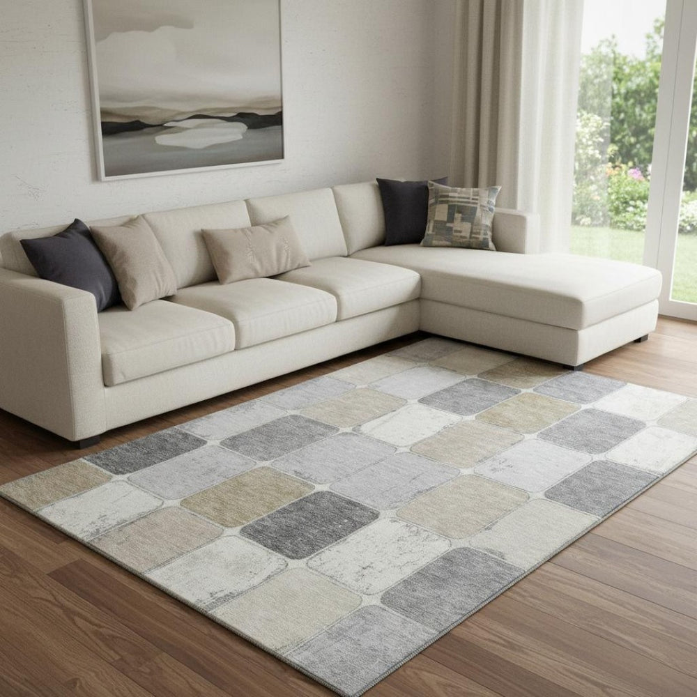 HomeRoots 9' X 12' Durable Beige, Gray & Silver Geometric Area Rug – Washable, UV Protection & Stain-Resistant! 709101