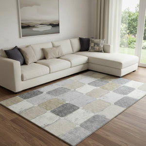 HomeRoots 9' X 12' Durable Beige, Gray & Silver Geometric Area Rug – Washable, UV Protection & Stain-Resistant! 709101