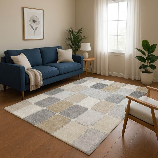 HomeRoots 9' X 12' Durable Beige, Gray & Silver Geometric Area Rug – Washable, UV Protection & Stain-Resistant! 709101