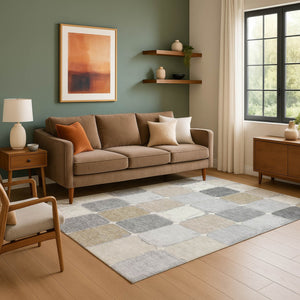 HomeRoots 9' X 12' Durable Beige, Gray & Silver Geometric Area Rug – Washable, UV Protection & Stain-Resistant! 709101