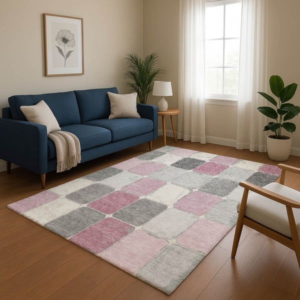 HomeRoots 5' X 8' Blush Gray & Silver Geometric Area Rug - Washable, UV-Protected, Perfect for Active Homes! 709104
