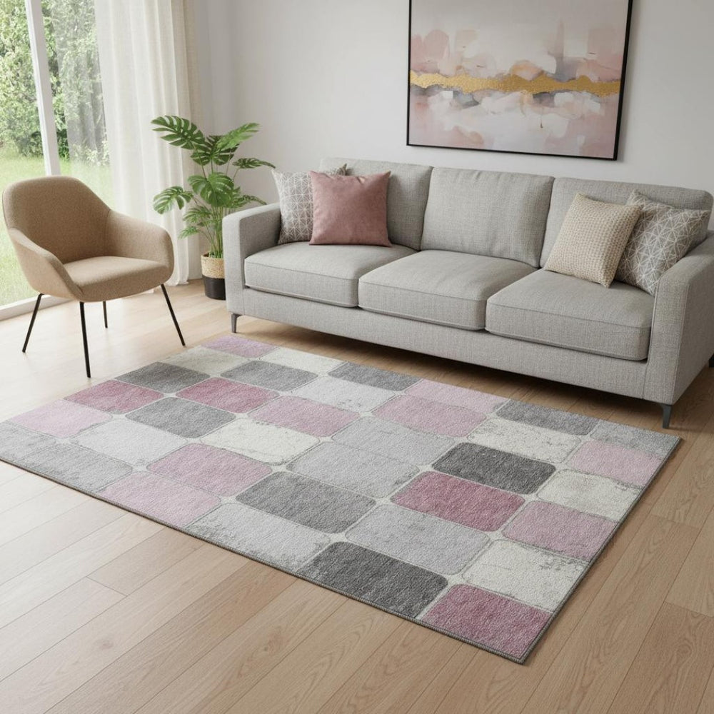 HomeRoots 8' Contemporary Blush Gray & Silver Geometric Washable Round Rug with UV Protection & Stain Resistance 709105