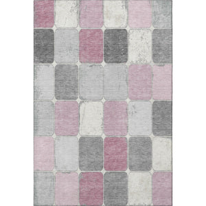HomeRoots 8' Contemporary Blush Gray & Silver Geometric Washable Round Rug with UV Protection & Stain Resistance 709105