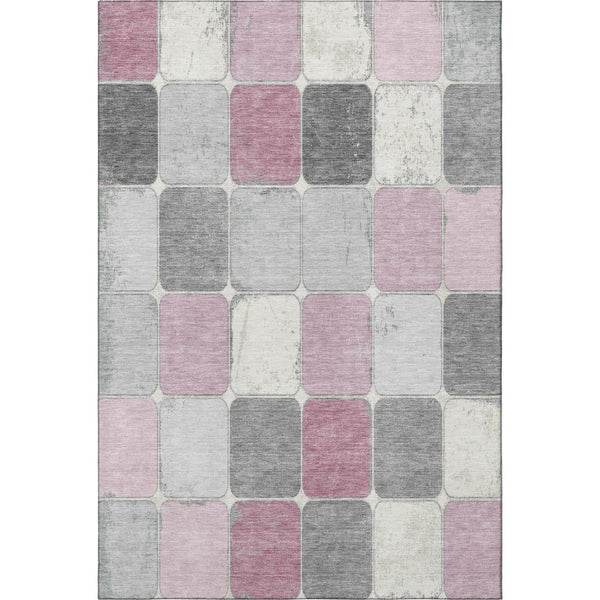HomeRoots 8' Contemporary Blush Gray & Silver Geometric Washable Round Rug with UV Protection & Stain Resistance 709105