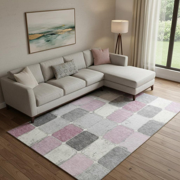 HomeRoots 10' X 14' Blush Gray & Silver Geometric Washable Area Rug - Durable, UV Protected for Stylish Homes 709108