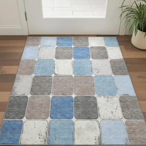 HomeRoots 5' Blue Ivory Taupe Geometric Washable Area Rug with UV Protection - Durable, Stylish, Easy-Care! 709110
