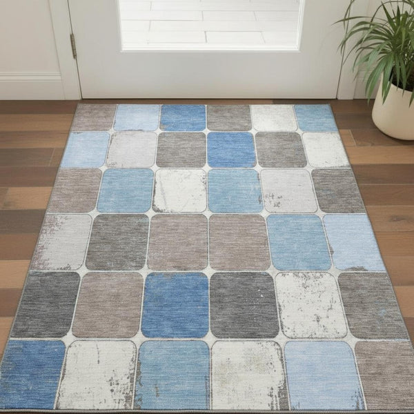 HomeRoots 5' Blue Ivory Taupe Geometric Washable Area Rug with UV Protection - Durable, Stylish, Easy-Care! 709110