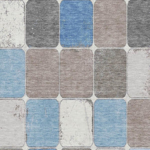 HomeRoots 5' Blue Ivory Taupe Geometric Washable Area Rug with UV Protection - Durable, Stylish, Easy-Care! 709110