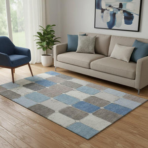 HomeRoots 8' Washable Blue, Ivory & Taupe Geometric Round Rug – Stain Resistant, UV Protected for High-Traffic Areas 709111