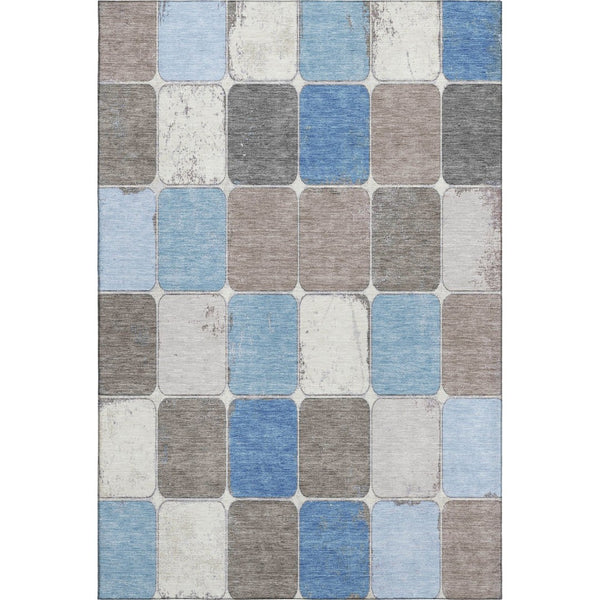 HomeRoots 8' Washable Blue, Ivory & Taupe Geometric Round Rug – Stain Resistant, UV Protected for High-Traffic Areas 709111