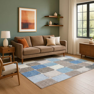 HomeRoots 8' Washable Blue, Ivory & Taupe Geometric Round Rug – Stain Resistant, UV Protected for High-Traffic Areas 709111