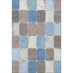 HomeRoots 8' Washable Blue, Ivory & Taupe Geometric Round Rug – Stain Resistant, UV Protected for High-Traffic Areas 709111