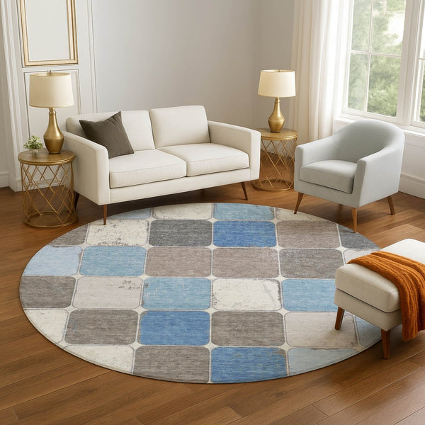 HomeRoots 8' X 10' Blue Ivory Taupe Geometric Area Rug - Washable, Stain Resistant & UV Protected for Homes 709112