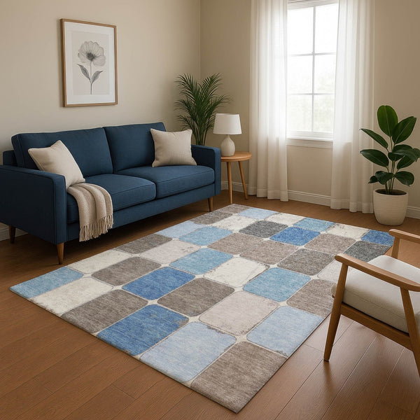 HomeRoots 9' X 12' Modern Geometric Area Rug in Blue, Ivory & Taupe - Stain Resistant with UV Protection! 709113