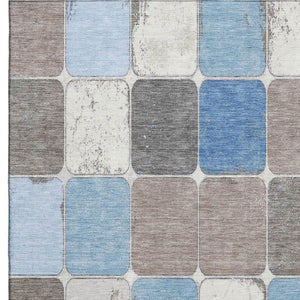 HomeRoots 9' X 12' Modern Geometric Area Rug in Blue, Ivory & Taupe - Stain Resistant with UV Protection! 709113