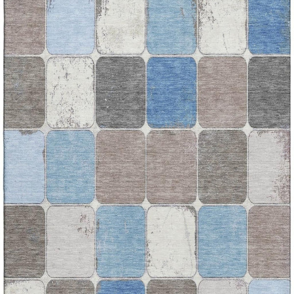 HomeRoots 9' X 12' Modern Geometric Area Rug in Blue, Ivory & Taupe - Stain Resistant with UV Protection! 709113