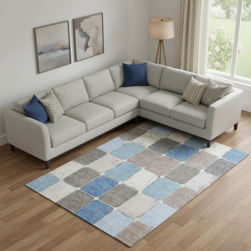 HomeRoots 10' Geometric Washable Area Rug in Blue, Ivory & Taupe - UV Protected, Durable, Stylish Design! 709114