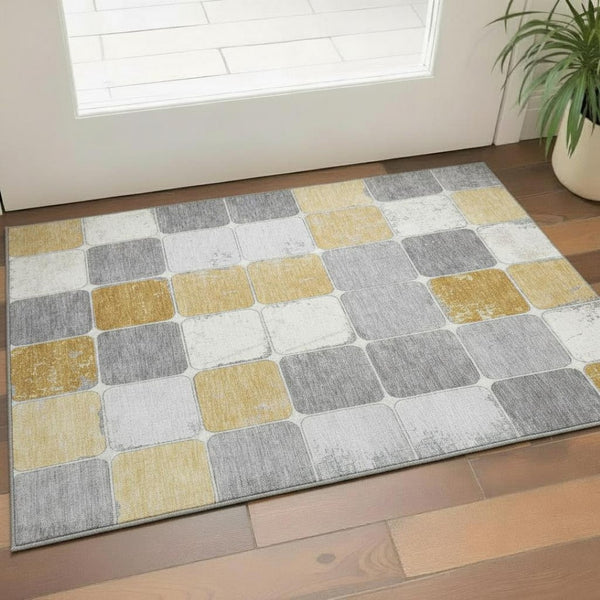 HomeRoots 5' X 8' Washable Gold Gray Ivory Geometric Area Rug - Durable, Stain-Resistant, UV Protected Design! 709116