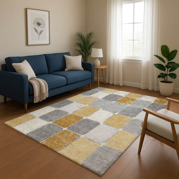HomeRoots 5' X 8' Washable Gold Gray Ivory Geometric Area Rug - Durable, Stain-Resistant, UV Protected Design! 709116