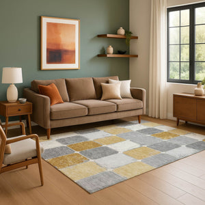 HomeRoots 5' X 8' Washable Gold Gray Ivory Geometric Area Rug - Durable, Stain-Resistant, UV Protected Design! 709116